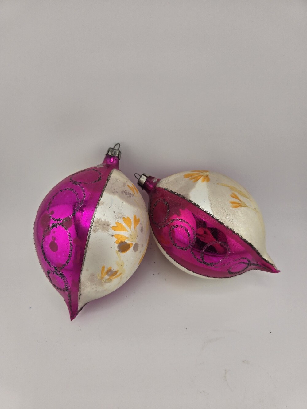 Set of 2 Vtg Jumbo Pink White Yellow Teardrop Glass Christmas Ornaments